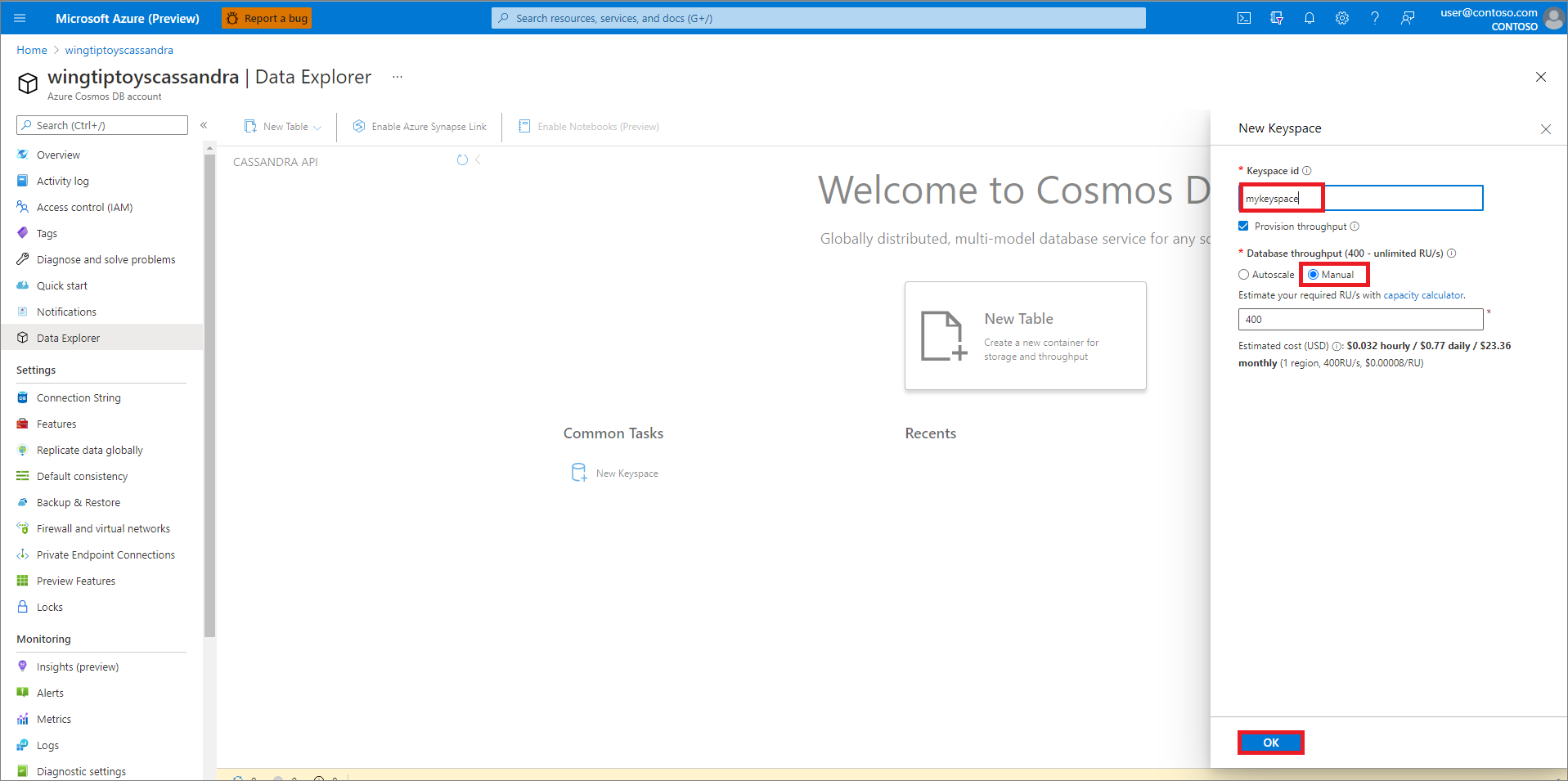 Cree un espacio de claves de Azure Cosmos DB.