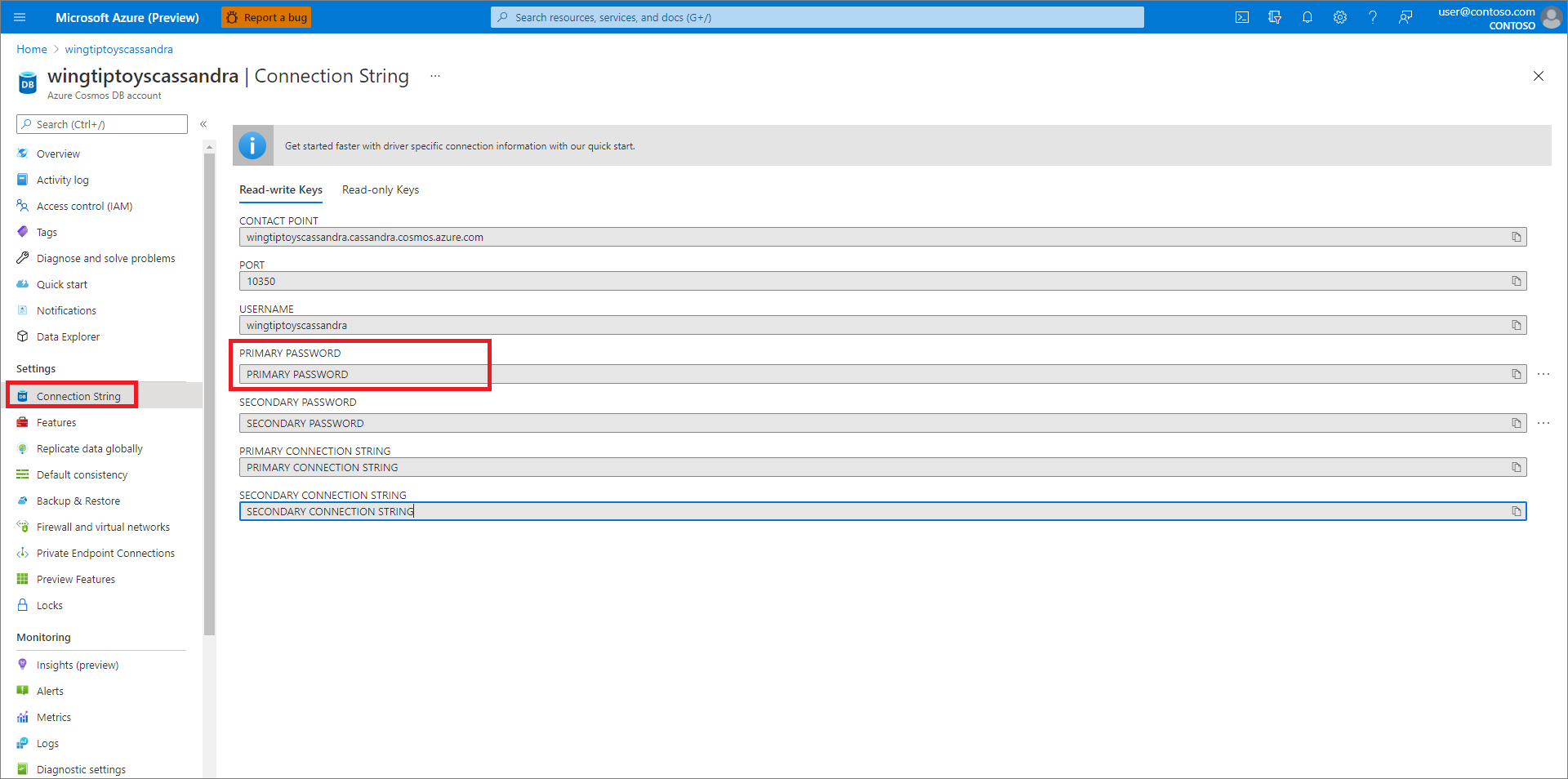 Recupere la configuración de conexión de Azure Cosmos DB.