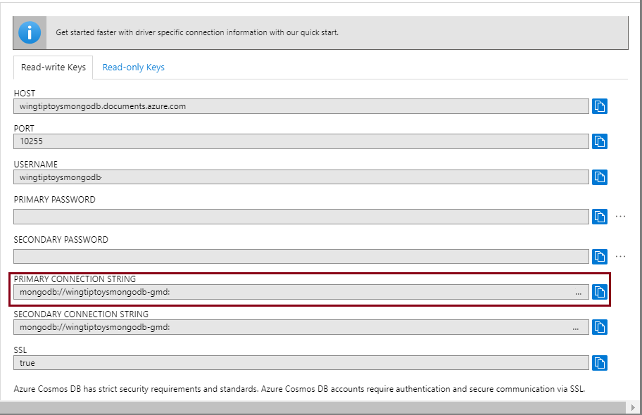 Recupere el cadena de conexión de Azure Cosmos DB.