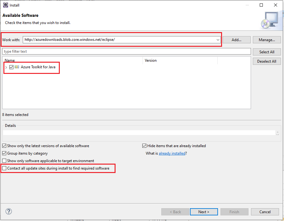 Instalación del kit de herramientas de Azure para Eclipse.