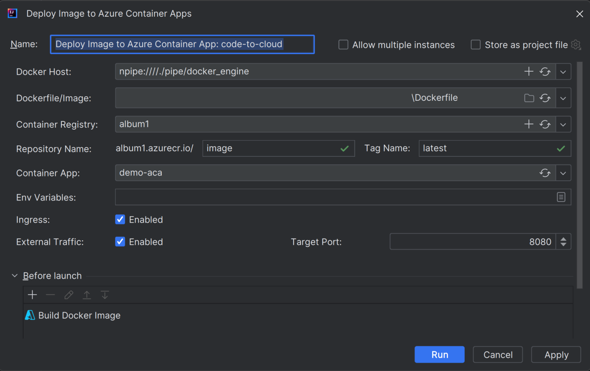 Captura de pantalla de Intelli J que muestra el cuadro de diálogo Implementar imagen en Azure Container Apps.