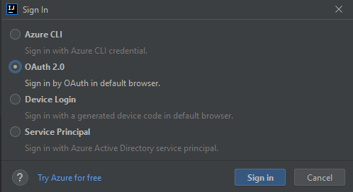 The Azure Sign In window with OAuth selected.