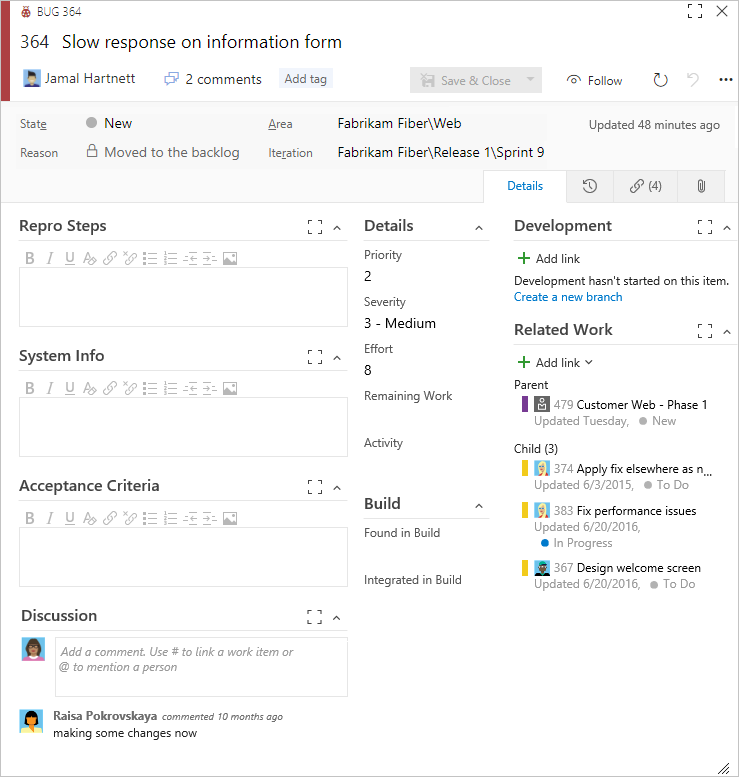 Captura de pantalla que muestra un tipo de elemento de trabajo de error, formulario para el proceso Scrum en Azure DevOps Server 2019.