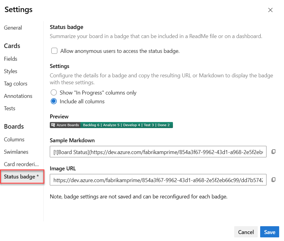 Captura de pantalla del cuadro de diálogo Configuración del panel, pestaña Notificación de estado.