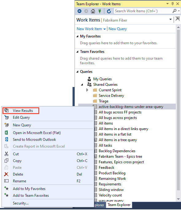 Captura de pantalla de Team Explorer, abrir el menú contextual de una consulta y seleccionar Ver resultados.