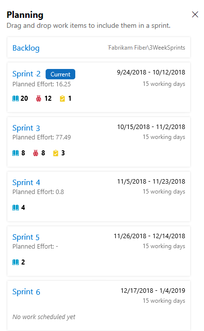 Captura de pantalla del panel Planeamiento de trabajos pendientes de sprints.