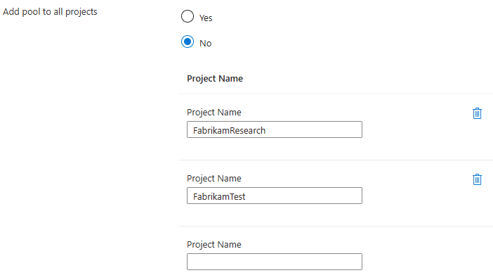 Captura de pantalla de la configuración de proyectos para una sola organización.