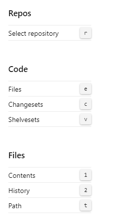 Captura de pantalla que muestra los métodos abreviados de teclado tfVC de Azure DevOps 2020 Repos.