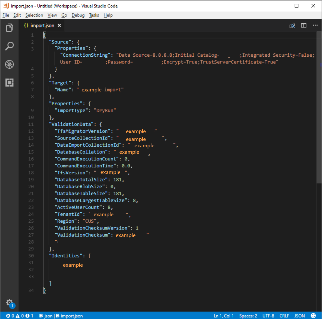 Captura de pantalla de la especificación de migración que hace referencia a una máquina virtual de SQL Azure.