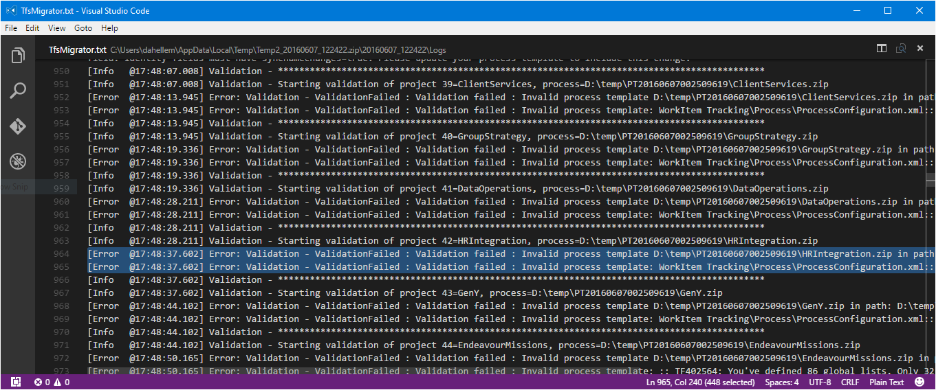 Captura de pantalla del archivo DataMigrationTool.log generado por la herramienta de migración de datos.