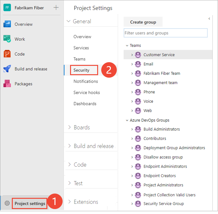 Captura de pantalla que muestra las selecciones, Configuración del proyecto, página Seguridad.