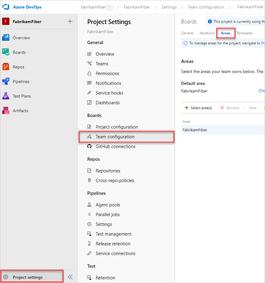 Captura de pantalla que muestra la configuración del proyecto, la página Configuración del equipo.