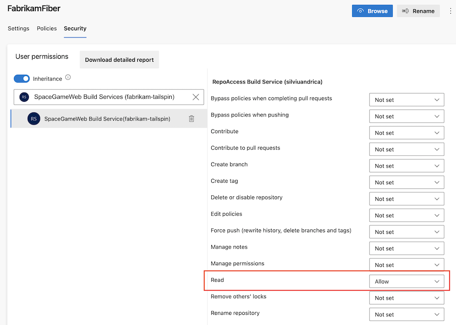 Captura de pantalla de cómo configurar los permisos del repositorio.