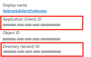 Captura de pantalla que muestra el identificador de cliente y el identificador de inquilino del registro de la aplicación.