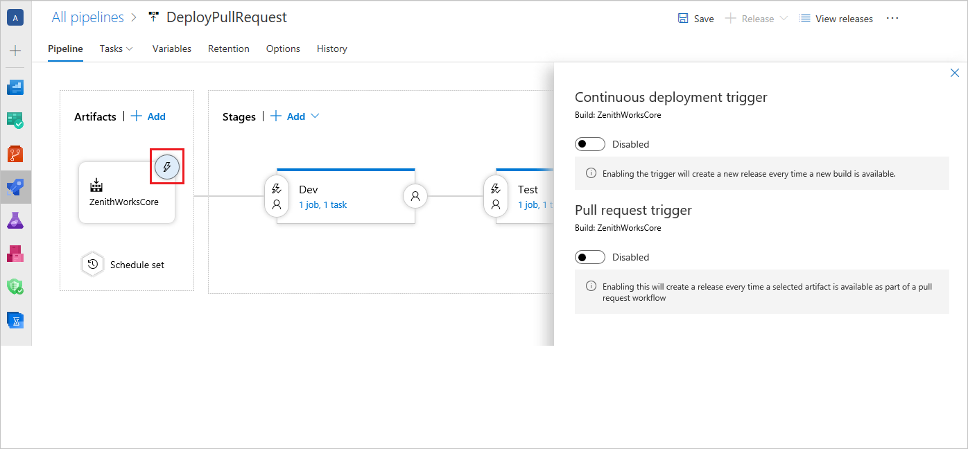 Captura de pantalla que muestra cómo acceder a la configuración del desencadenador de implementación continua.