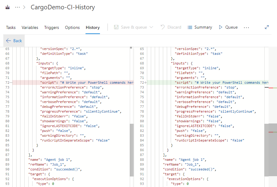 Captura de pantalla que muestra la diferencia del historial de canalización clásico.