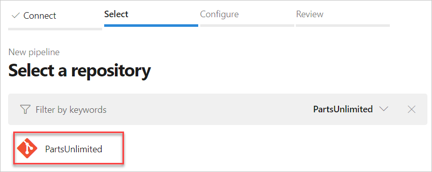 Página en la que se selecciona un repositorio para la canalización de código fuente.