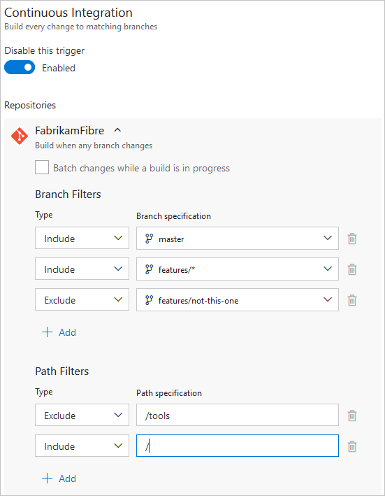 Configure los filtros para ramas del desencadenador de integración continua.