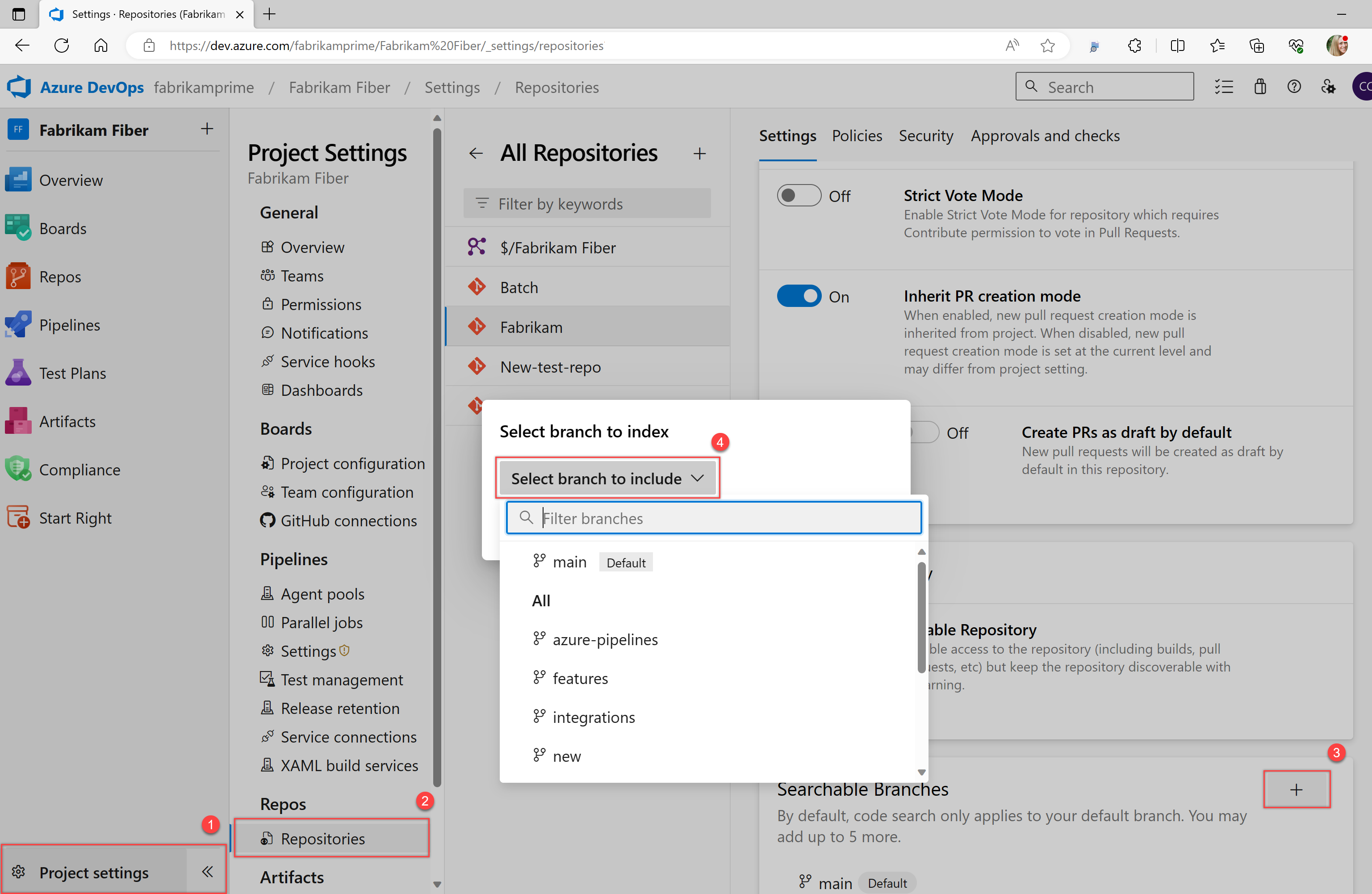 Captura de pantalla que muestra las ramas de Git para la configuración.