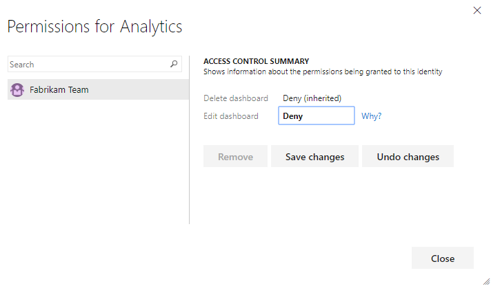 Cuadro de diálogo Permisos para el panel de Analytics, Azure DevOps Server 2019.