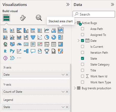 Captura de pantalla de las selecciones visualizaciones y campos de Power BI para el informe de gráfico de áreas apiladas de errores activos. 