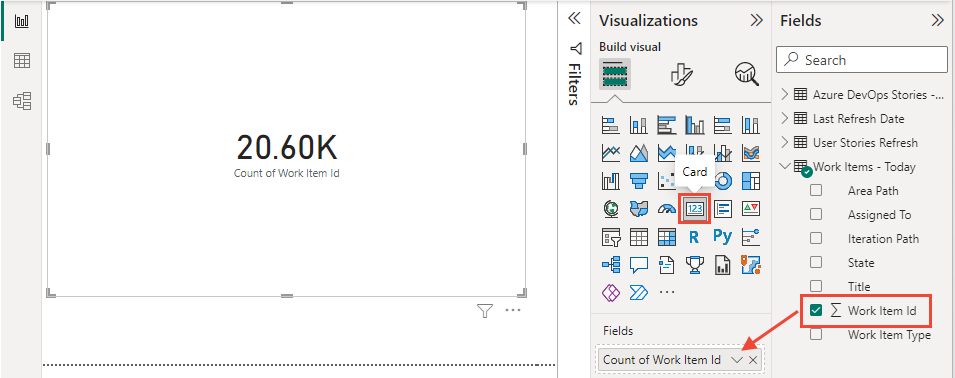 Captura de pantalla de visualizaciones de Power BI, elija Tarjeta y agregue el identificador de elemento de trabajo a campos. 