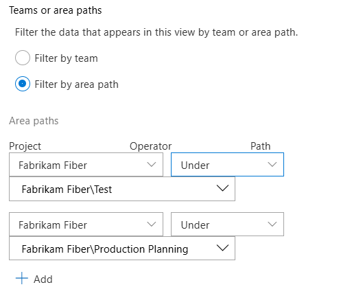 Captura de pantalla que muestra el cuadro de diálogo Rutas de acceso de área o Teams.