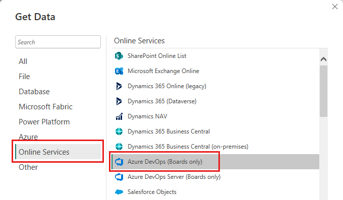 Captura de pantalla que muestra el cuadro de diálogo Obtener datos, donde puede seleccionar Azure DevOps.