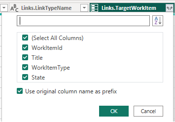 Captura de pantalla de la columna Links.TargetWorkItem de Power BI y opciones de expansión. 