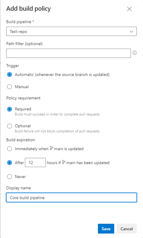 Captura de pantalla de la configuración de la directiva de compilación.