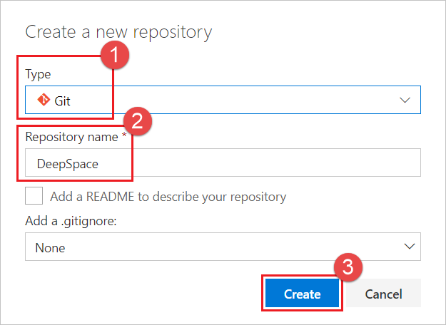 Establecimiento de opciones para el nuevo repositorio en el cuadro de diálogo Crear un repositorio de Git