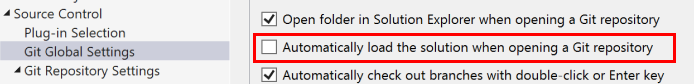 Captura de pantalla en la que se muestra la casilla para cargar automáticamente la solución al abrir un repositorio de Git en el cuadro de diálogo Opciones.