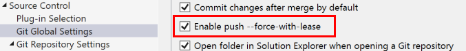 Captura de pantalla en la que se muestra la casilla para habilitar la inserción forzada con concesión en el cuadro de diálogo Opciones de Visual Studio.