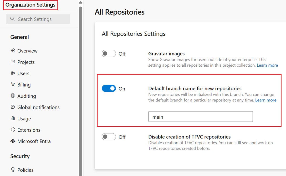 Captura de pantalla en la que se muestra la configuración de nivel de organización para el nombre de rama predeterminado de los nuevos repositorios.