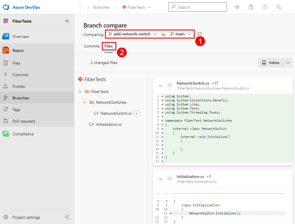 Captura de pantalla de la pestaña Archivos de la vista Comparación de ramas en la página del repositorio de Azure DevOps.