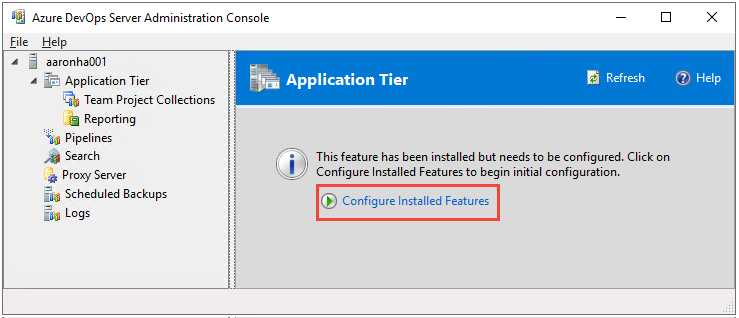 Captura de pantalla del asistente del Centro de configuración de Azure DevOps Server, Nivel de aplicación, Elija Configurar características instaladas. 