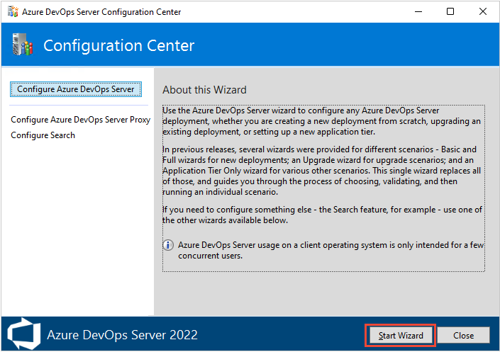 Captura de pantalla del Centro de configuración, Asistente para inicio, Asistente para inicio, Azure DevOps Server 2022.