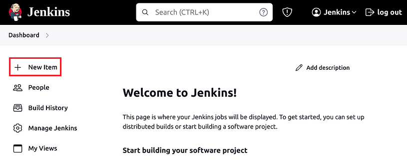 Captura de pantalla que muestra el vínculo Nuevo elemento en Jenkins.