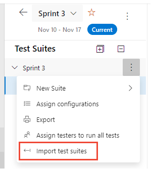 Captura de pantalla que muestra el menú Test Suite Más acciones, opción Importar conjuntos de pruebas.