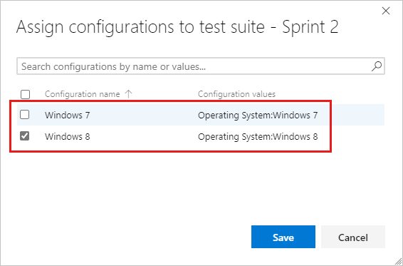 Captura de pantalla que muestra el cuadro de diálogo Asignar configuraciones al conjunto de pruebas con algunas opciones seleccionadas.