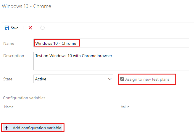 Captura de pantalla que muestra cómo agregar variables a la nueva configuración de prueba.