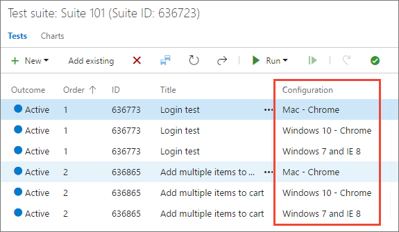 Asignación de varias configuraciones a un conjunto de pruebas