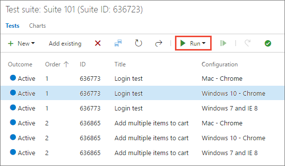 Ejecución de la prueba con la configuración asignada