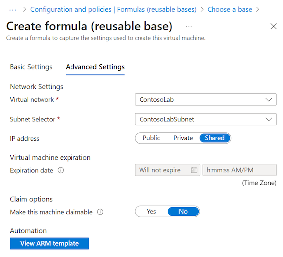 Captura de pantalla de una pestaña de configuración avanzada de ejemplo, para agregar una fórmula en DevTest Labs.