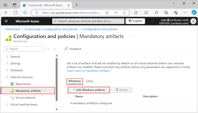 Captura de pantalla que muestra cómo editar artefactos de Windows para máquinas virtuales de laboratorio en Azure Portal.