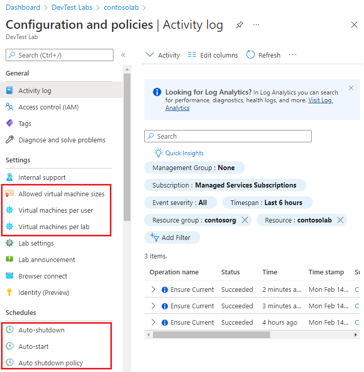 Captura de pantalla que muestra las opciones de configuración y directivas de un laboratorio.