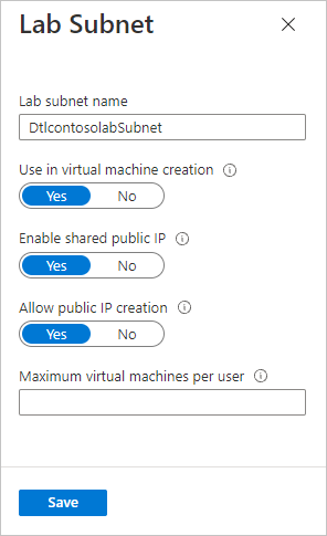 Captura de pantalla que muestra la configuración de la dirección IP compartida en la página Subred de laboratorio.