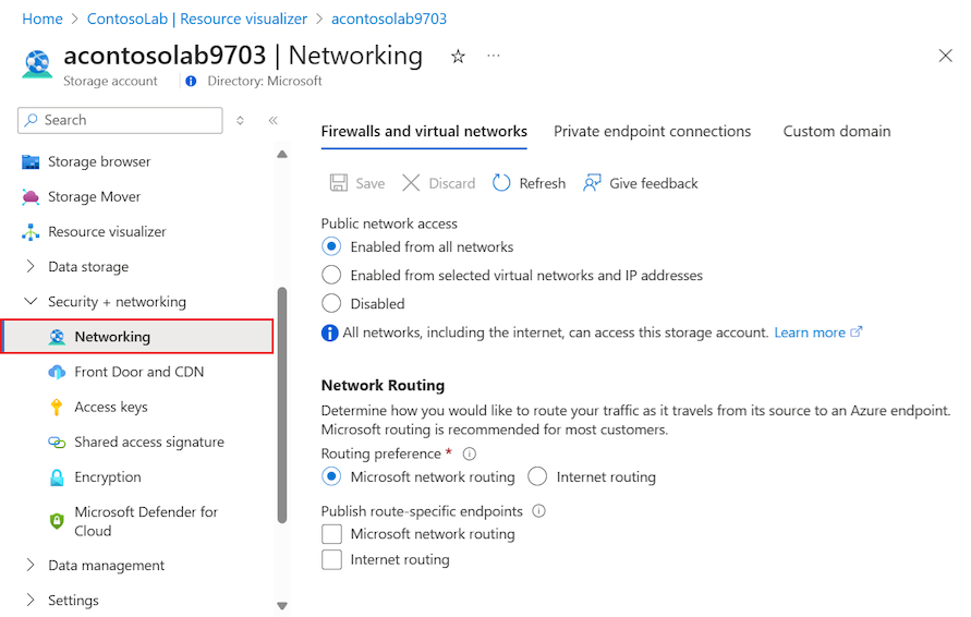 Captura de pantalla que muestra cómo ver la configuración de Redes de la cuenta de almacenamiento para un recurso de laboratorio de DevTest Labs.