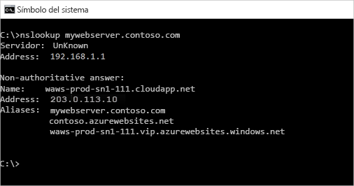 Captura de pantalla de nslookup para la aplicación web.