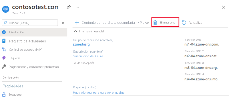 Captura de pantalla de cómo eliminar una zona DNS.